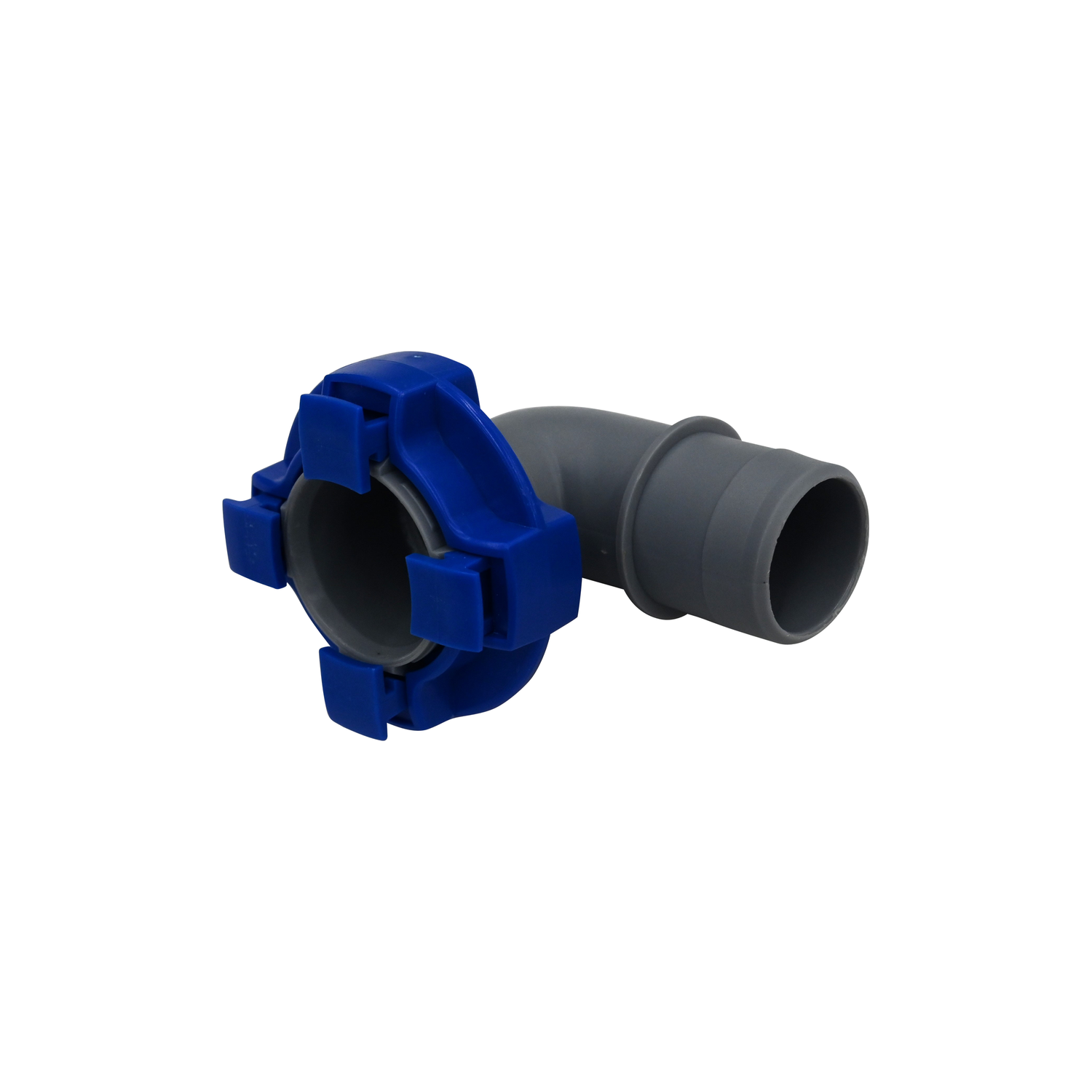 1-1/8 Flow-Rite Elbow Quod Lock Fitting in blue and gray plastic.